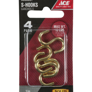 Ace Medium Bright Brass Green Brass 1 in. L Heavy S-Hook 15 lb 4 pk