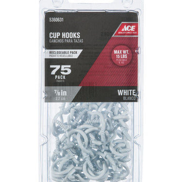 Ace Small White Steel 1.3125 in. L Cup Hook 15 lb 75 pk