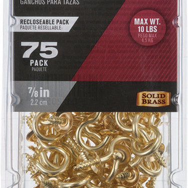 Ace Small Bright Brass Brass 7/8 in. L Cup Hook 10 lb 75 pk