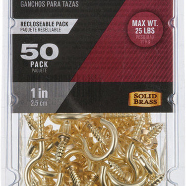 Ace Small Bright Brass Brass 1 in. L Cup Hook 25 lb 50 pk