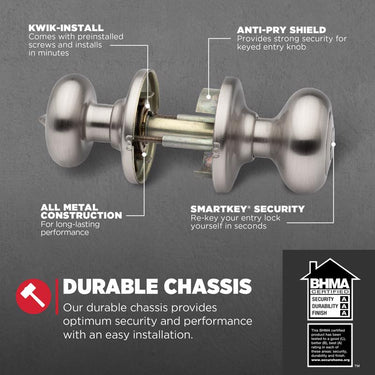 Kwikset SmartKey Juno Satin Nickel Entry Door Knob KW1 1-3/4 in.
