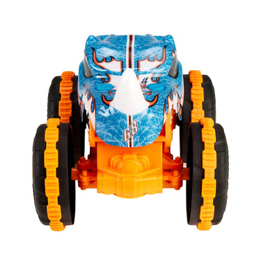 Head-on front view of the Rhinomite RC monster truck with its white rhino horn