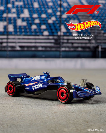 Blue Formula 1 die-cast car with red wheels from the Hot Wheels 5-pack on a racetrack backdrop