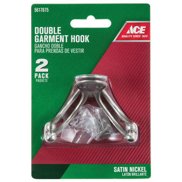 Ace 1 in. L Satin Nickel Silver Brass Small Double Garment Hook 2 pk