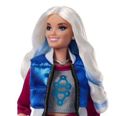 Close-up of the Addison Wells doll with long silver hair and a blue vest over a gray top