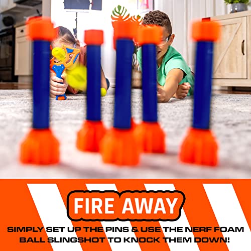 Load image into Gallery viewer, NERF Slingshot Challenge - Kids Slingshot Bowling Game Set - Toy Slingshot Target Game for Kids - Foam Ball Slingshot + NERF Balls Included - Fun Kids
