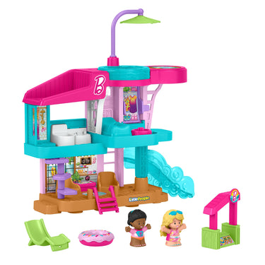 Little People Barbie Beach House playset with slide, rooftop hot tub and umbrella, two figures, lounge chair, float and snack stand