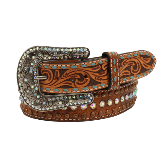 Ladies Small Angel Ranch Tooled Tab Feathered Arrow Brown Belt