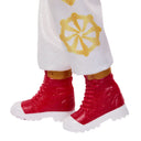 Close-up of Nova Bright doll's red high-top boots and white pants with gold detail