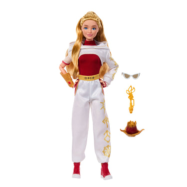 Full-length Nova Bright doll in white and red outfit with her sunglasses, crystal key and Blood fruit accessories