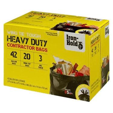 Iron-Hold Contractor Bags 42 gal Wing Ties 20 pk 3 mil Black