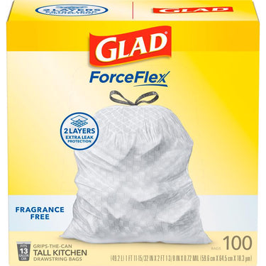 Glad Force Flex 13 gal. No Scent Kitchen Trash Bags Drawstring 100 pk