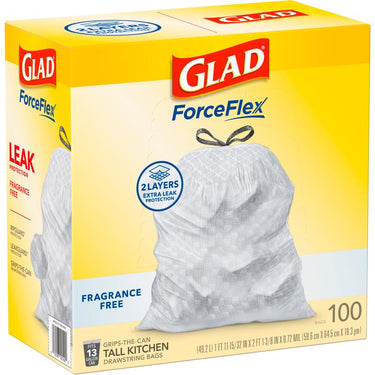 Glad Force Flex 13 gal. No Scent Kitchen Trash Bags Drawstring 100 pk