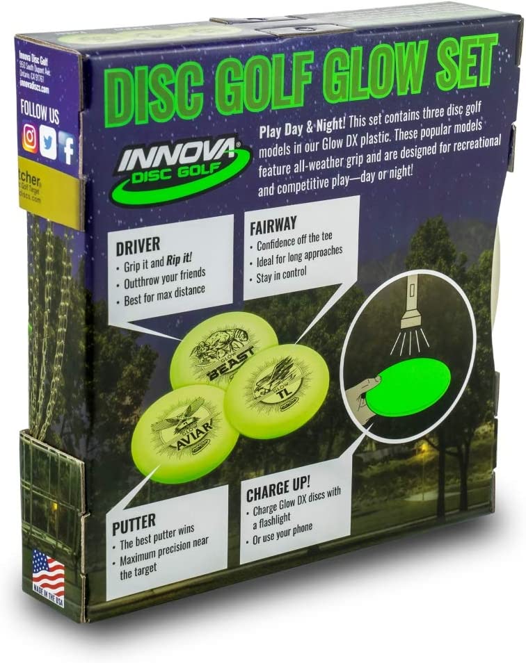 Load image into Gallery viewer, INNOVA 3-Disc Glow DX Beginner Disc Golf Set [Disc Weights and Colors May Vary]

