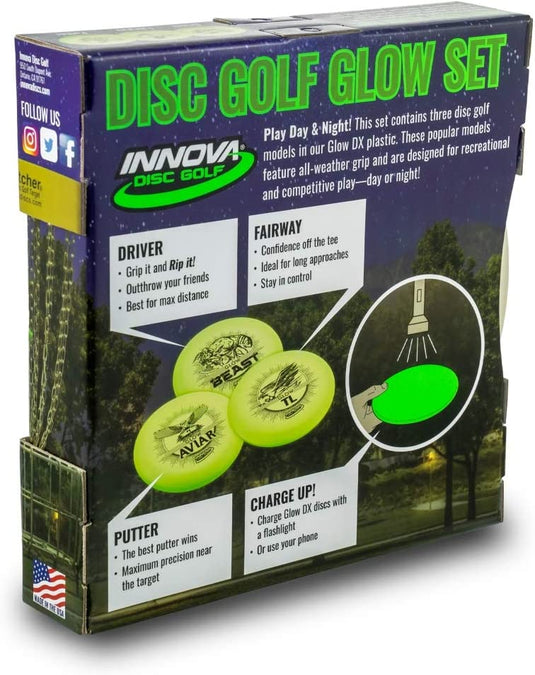 INNOVA 3-Disc Glow DX Beginner Disc Golf Set [Disc Weights and Colors May Vary]