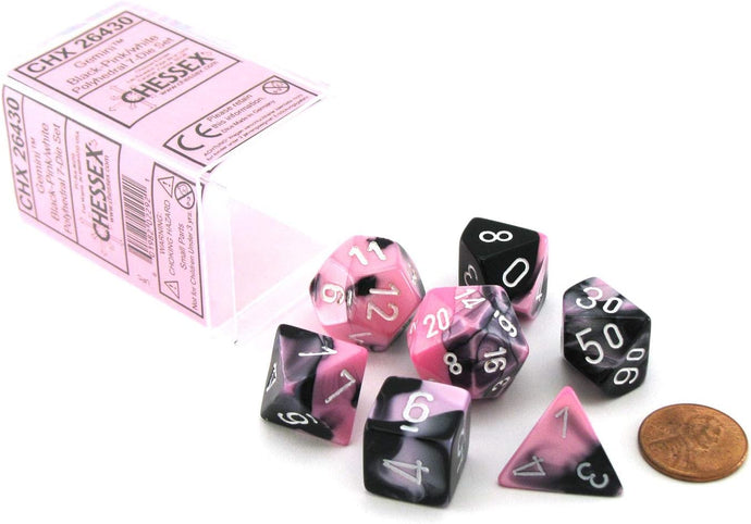 Chessex Polyhedral 7-Die Gemini Dice Set - Black-Pink with White