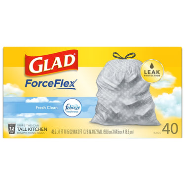 Glad ForceFlex 13 gal. Fresh Tall Kitchen Bags Drawstring 40 pk
