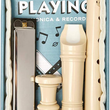 Kikkerland Beginner's Music In A Tin, Harmonica, Recorder, Lesson Book, Sheet Music Kit, Novelty Gift