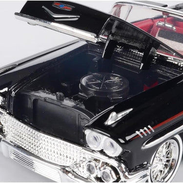 1958 Chevy Impala Convertible Lowrider Black and White with Red Interior Get Low Series 1/24 Diecast Model Car