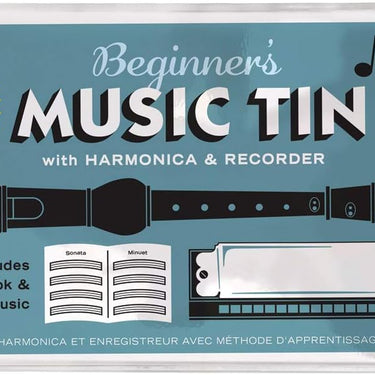Kikkerland Beginner's Music In A Tin, Harmonica, Recorder, Lesson Book, Sheet Music Kit, Novelty Gift