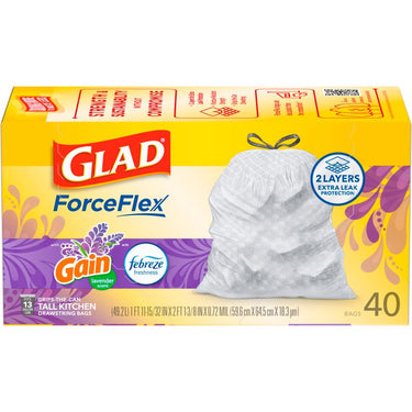 Glad ForceFlex 13 gal. Lavender Tall Kitchen Bags Drawstring 40 pk
