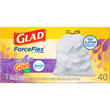 Glad ForceFlex 13 gal. Lavender Tall Kitchen Bags Drawstring 40 pk