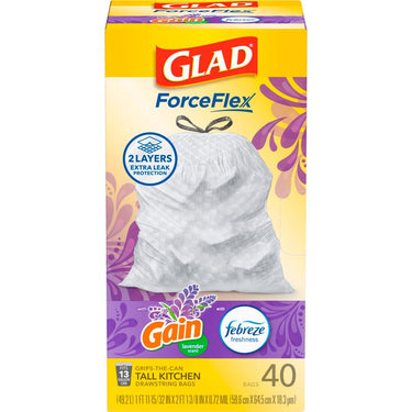 Glad ForceFlex 13 gal. Lavender Tall Kitchen Bags Drawstring 40 pk