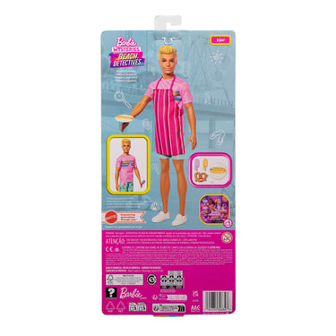 Back of the Barbie Mysteries Beach Detectives Ken doll box showing the doll and accessories