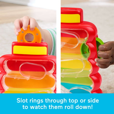 Close-up of hands slotting rings into the top and side of the Rock-A-Stack maze