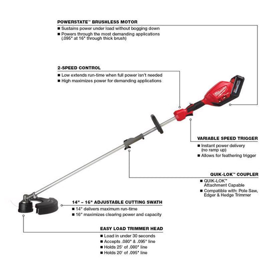 Milwaukee M18 FUEL Quik-Lok 2825-21ST 16 in. 18 V Battery String Trimmer Kit (Battery & Charger)