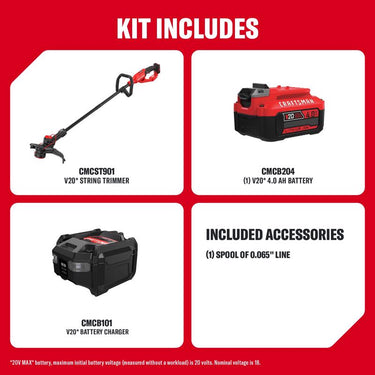 CRAFTSMAN V20 CMCST901M1 20 V Battery String Trimmer Kit (Battery & Charger)