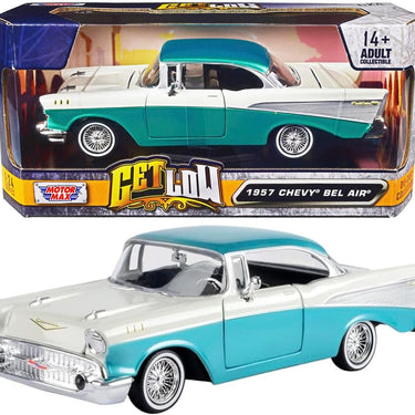 1957 Chevy Bel Air Lowrider Turquoise Metallic and White Get Low Series 1/24 Diecast Model Car