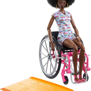 Barbie Fashionistas Doll #194 With Wheelchair & Ramp, Curly Brown Hair, Romper & Accessories