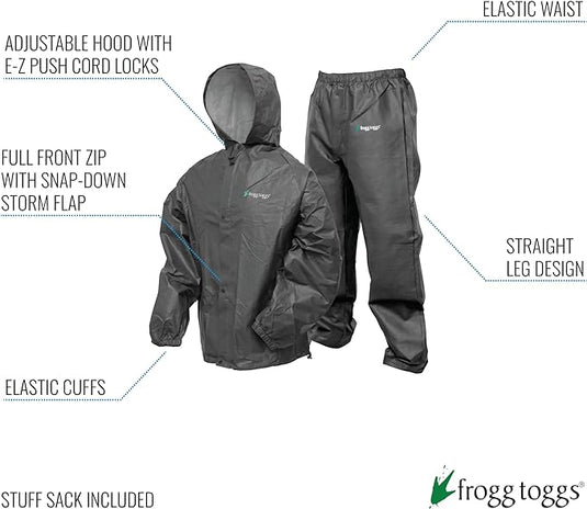 FROGG TOGGS Men's Pro Lite Rain Suit, Waterproof, Breathable, Dependable Wet Weather Protection XL/2XL CARBON