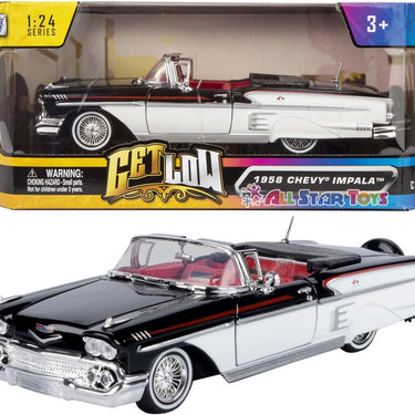1958 Chevy Impala Convertible Lowrider Black and White with Red Interior Get Low Series 1/24 Diecast Model Car
