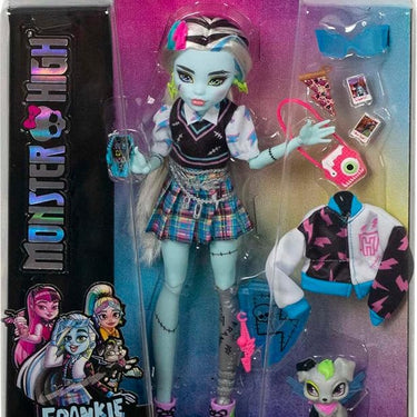 Monster High Doll, Frankie Stein with Blue & Black Streaked Hair in Signature Look with Fashion Accessories & Pet Dog Watzie