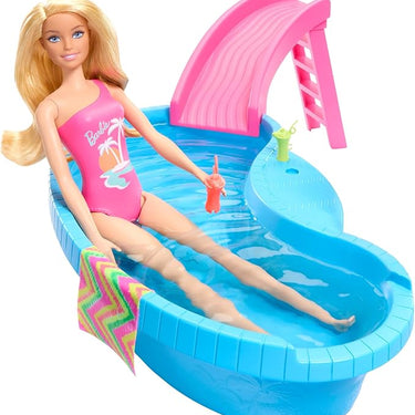 Barbie Doll And Pool Playset, Blonde With Pool, Slide, Towel And Drink Accessories