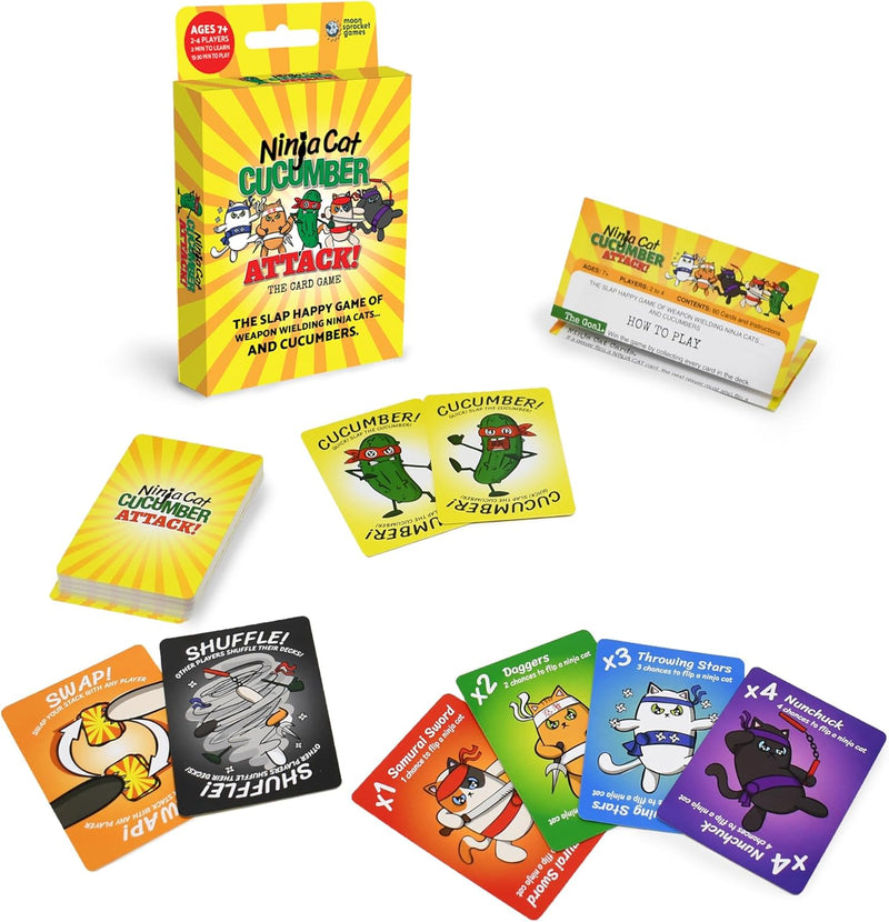 Load image into Gallery viewer, Ninja Cat Cucumber Attack! Card Game - Fast-Paced Slap-Happy Game of Weapon-Wielding Ninja Cats, Fun for Family Game Night, Ages 5+, 2-4 Players, 13-30 Minute Playtime, Made
