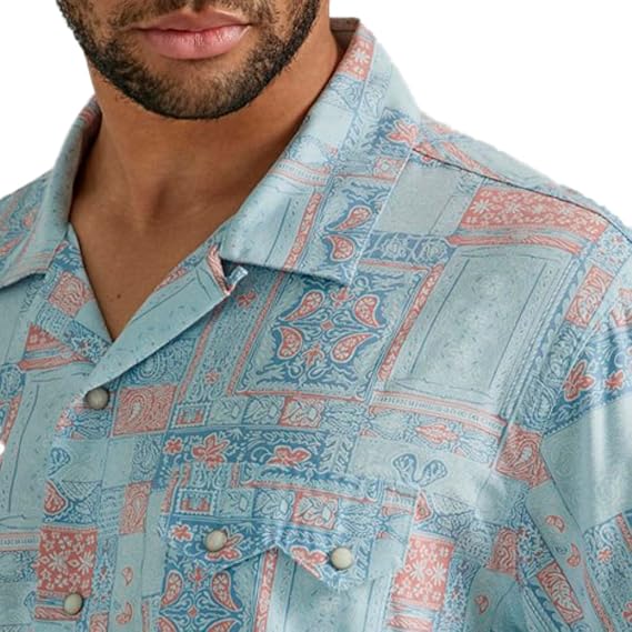 Load image into Gallery viewer, Wrangler Mens L Light Blue Print Coconut Cowboy Shirt
