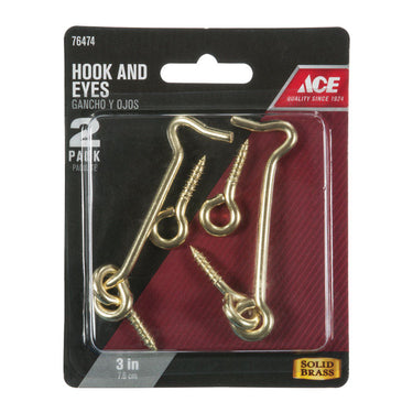 Ace Small Polished Brass Green Brass 3 in. L Hook and Eye 2 pk
