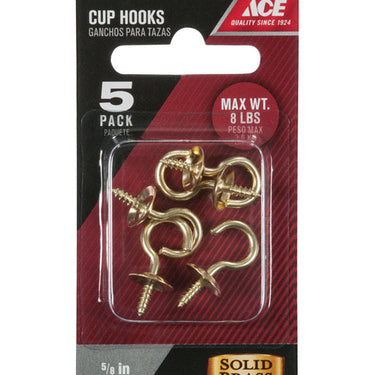 Ace Small Polished Brass Green Brass 0.875 in. L Cup Hook 8 lb 5 pk