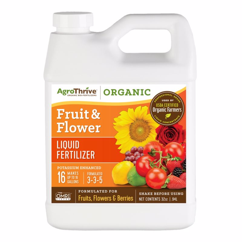 Load image into Gallery viewer, AgroThrive Organic Flowers/Fruits/Vegetables 3-3-5 Fertilizer 32 oz
