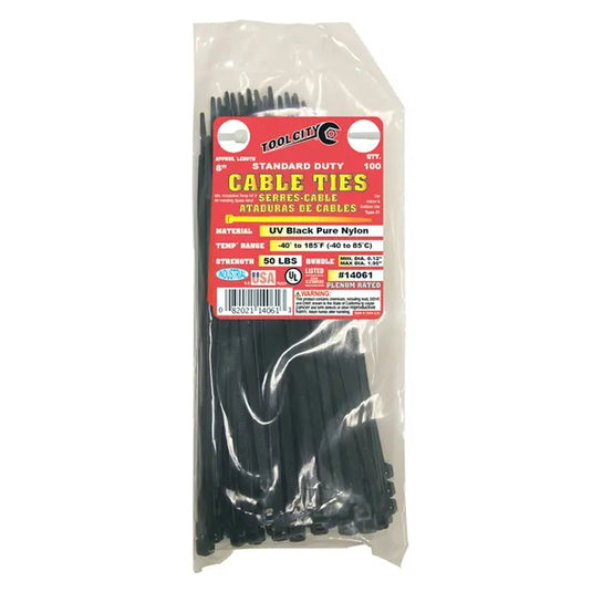 Tool City Black 8" 50 lb. Tensile Standard Duty Cable Ties, 100 Piece Black