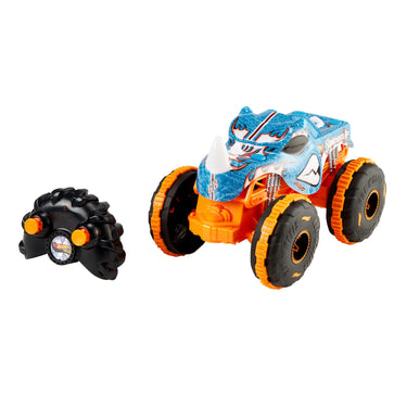 Front view of the Rhinomite RC monster truck showing its rhino horn, next to the remote