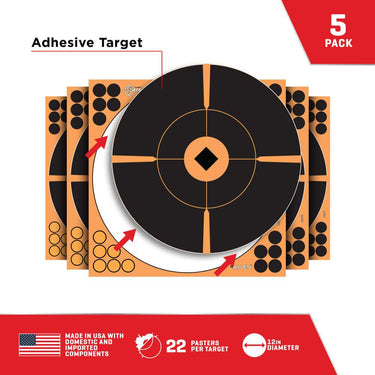 EZ Aim Adhesive Splash Reactive Paper Shooting Targets Bullseye, 12"W x 12"H 5-Pack
