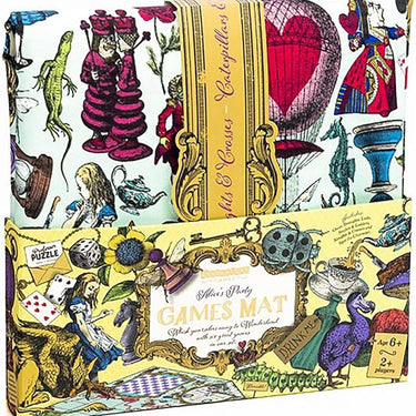 Alice in Wonderland Themed Games mat with 5 Classic Family Games, Chess, Draughts, Noughts & Crosses, Snakes & Ladders