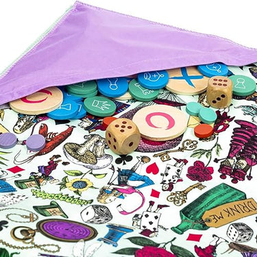 Alice in Wonderland Themed Games mat with 5 Classic Family Games, Chess, Draughts, Noughts & Crosses, Snakes & Ladders