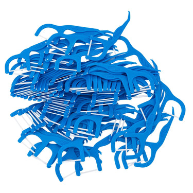 Pile of blue dental flosser picks