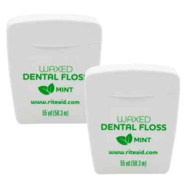 Two white Rite Aid waxed mint dental floss containers
