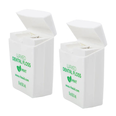 Rite Aid dental floss containers, side view with lids open